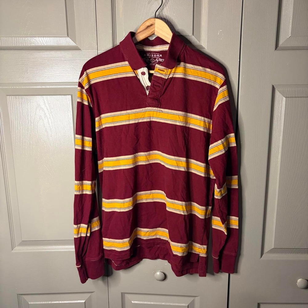 Arizona Jean Company Mens Striped Long Sleeve Polo Shirt Burgundy Gold Large Y2K